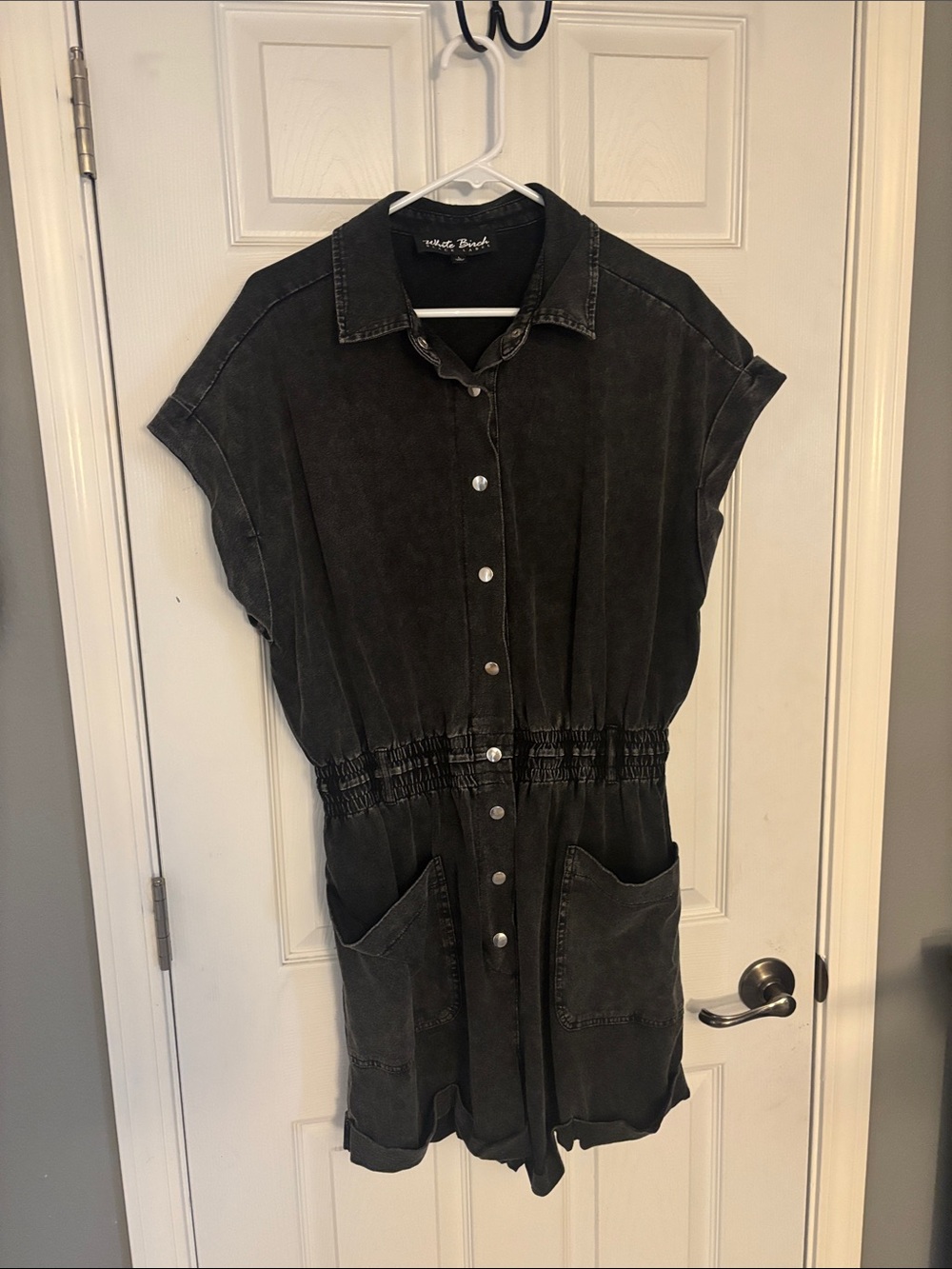 white birch Black Washed Button-Up Romper